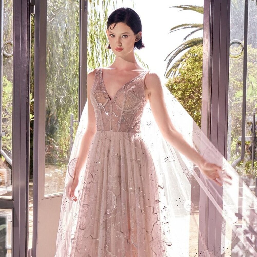 New Formal Beaded Soft Tulle Dress w/ Long Tulle Cape & Button Closure CD A1459